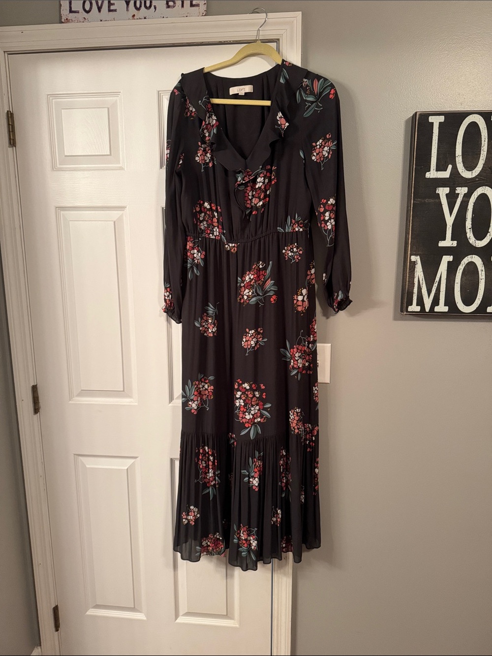 LOFT Black Maxi Dress with Red Floral Print